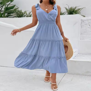 Robe longue de plage élégante pour femme en mousseline, col croisé, sans manches, taille haute, avec bretelles à nouer et plis smockés, taille XS - Product Image 5
