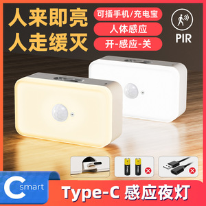 Luz nocturna inteligente con sensor de cuerpo humano, LED rectangular, blanco cálido, con enchufe tipo C, para el hogar, pasillo, dormitorio, armario - Product Image 3