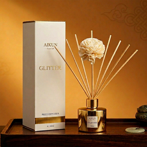 Aikun Holiday Gift Buyers 100ml Round Glass White Gold Box Nickel Label Low MOQ 3 Day Sample 7 Day Ship Reed Diffuser Gift Set - Product Image 1