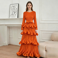 Robe longue de haute couture à volants, plissée, à manches longues, robe à étages, imprimé numérique uni, tissée, décontractée, été, printemps