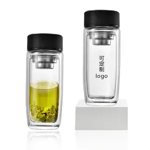 JM grosir kustom sublimasi Logo portabel perjalanan 350ml dinding ganda bening botol air kaca dengan teh Infuser saringan