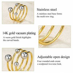 Anillo Abierto Ajustable de Acero Inoxidable con Baño de Oro de 14K y Múltiples Filas con Detalles de Bolas Redondeadas en Dos Tonos - Product Image 4