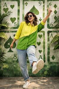 Chemise ethnique pour femme en mélange de coton, color block vert citron et vert, col classique, décontractée / pour le quotidien, cadeau éco-responsable - Product Image 2