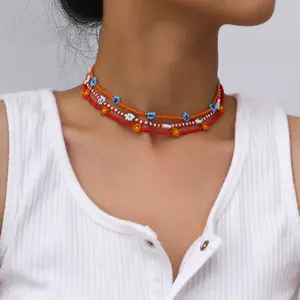 Bohemian handmade colorido pequeno arroz flor frisado colar feminino declaração colar curto clavícula cadeia colar de jóias