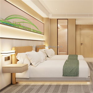 Modern 3 Star Hotel Twin Room Set Wooden MDF Plywood <b>Panel</b> Bed Frame with Upholstered <b>Headboard</b> & Floating Shelf Nightstand - Product Image 6