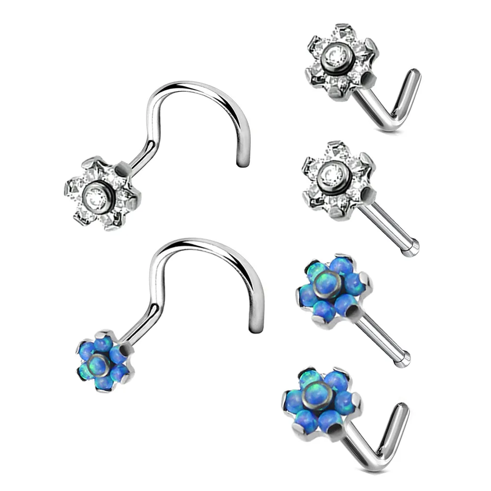 Body Piercing Jewelry Nose Ring ASTM F136 Titanium CZ Opal Blaze Set Flower Tops Nose Piercing Nose Jewelry Piercing Titanium