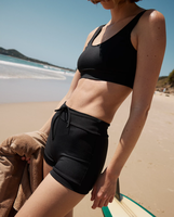 Bikini con cuello redondo de dos piezas de color negro sólido, pantalones cortos de baño con cordón, Bikini de moda Sexy para chica joven para mujer, trajes de baño