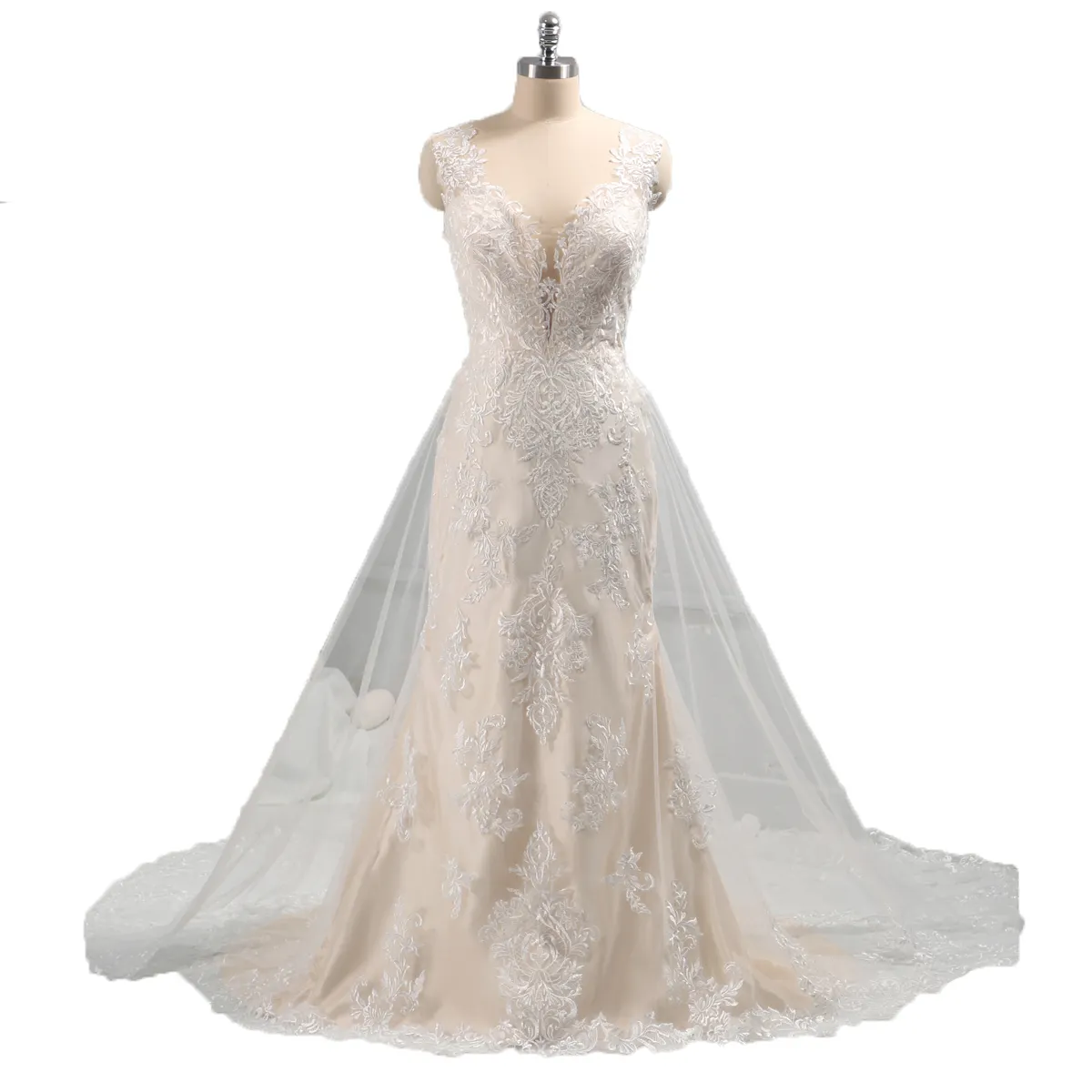 2022 tulle overskirt custom made ivory and blush mermaid style wedding dress lace bridal wedding dress for women