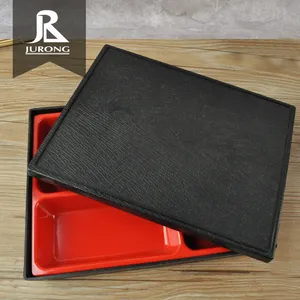 High quality low moq 6 Compartment Black Simulate Wooden Grain Plastic Bento Lunch Box With Lid