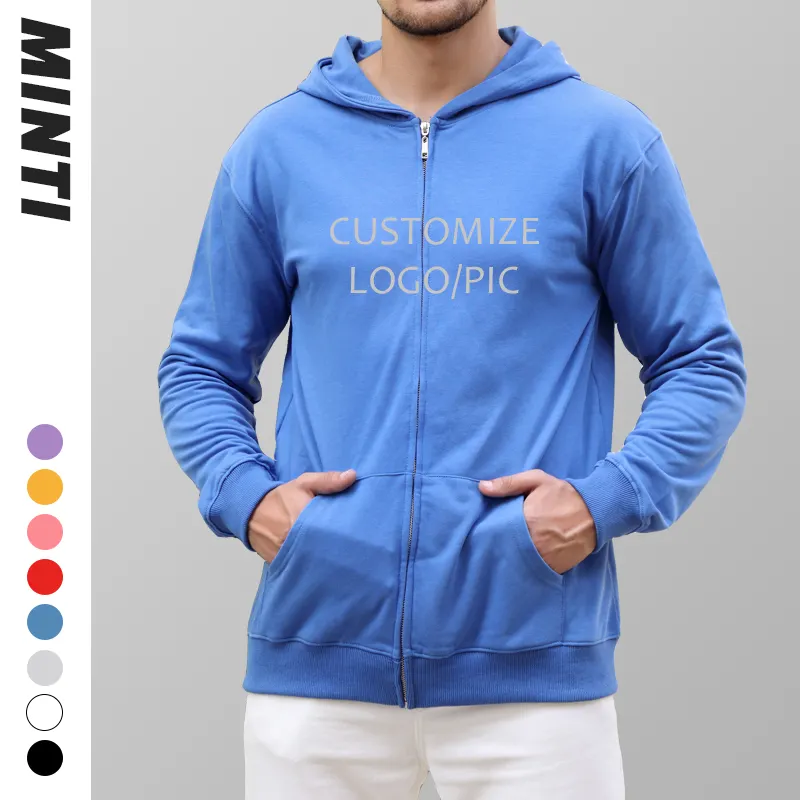 Wholesale customize no minimum cotton red yellow royal blue drawstring zip-up breathable zipper men hoodie for unisex