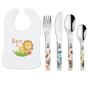 Puresigns Posate per Bambini Natura con Incisione + Bavaglino con Nome + Sonaglio - Product Image 1