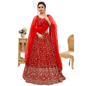 Lehenga choli ของผู้หญิงผ้าจอร์เจียปักสีแดงเสน่ห์สำหรับใส่ต้อนรับ - Product Image 1