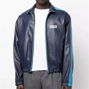 Logo personalizzato di fabbrica giacca corta a contrasto di colore giacca da moto in pelle PU con Zip da uomo Letterman