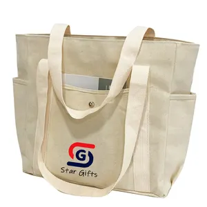 OEM Fornecedor Soft Handle Thick Canvas Tote Bag Multi-bolsos Moda Algodão Sacolas de lona das mulheres para Professores