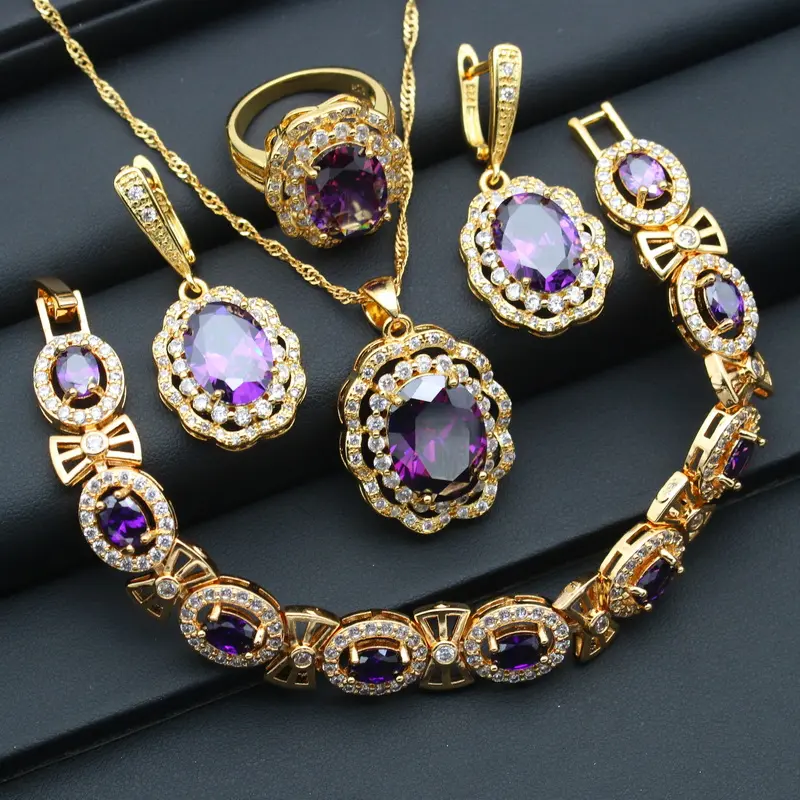Conjuntos de joyería de lujo para mujer, circonia púrpura, Color dorado, pendientes de boda, anillo colgante, pulsera, cadena, regalo de Navidad