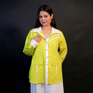 Camisa de Algodón de Manga Larga para Mujer, con Botones, Cuello Color Block, Blusa Casual de Lujo para el Trabajo - Product Image 1