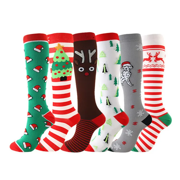 Wholesale Women Men 20-30 mmhg Athletic Fun Stocking High Knee Sport Xmas Festive Socks Snowman Christmas Compression Socks