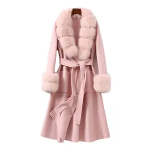 Women Wool Coat Jacket Female Winter Long Fox Fur Trench Parka CT116