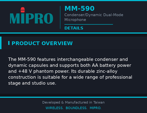 ไมโครโฟนแบบมีสาย MIPRO พร้อมแคปซูลเปลี่ยนได้ ใช้พลังงานแฟนทอมสำหรับไมค์คอนเดนเซอร์ หรือใช้แบตเตอรี่ AA สำหรับไมค์ไดนามิก - Product Image 5