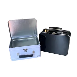 Großhandel schwarz weiß Rechteck Kinder Metall behälter Lagerung Zinn Lunchbox druckbare Schloss Zinn Box Verpackung mit Griff