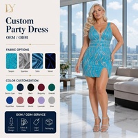 Robe de soirée mini à sequins personnalisée en gros, col en V profond, motif vague en maille transparente, directement de l'usine