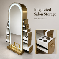 Miroir de Coiffeur Double Face de Luxe Moderne en Acier Inoxydable et Verre, Station de Travail pour Salon de Beauté et Spa avec Tiroirs Multiples
