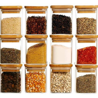 12 pots à épices en verre écologiques, compatibles lave-vaisselle, avec couvercles en bambou, 8 oz, carrés, résistants à la chaleur, en borosilicate, pour le stockage des aliments