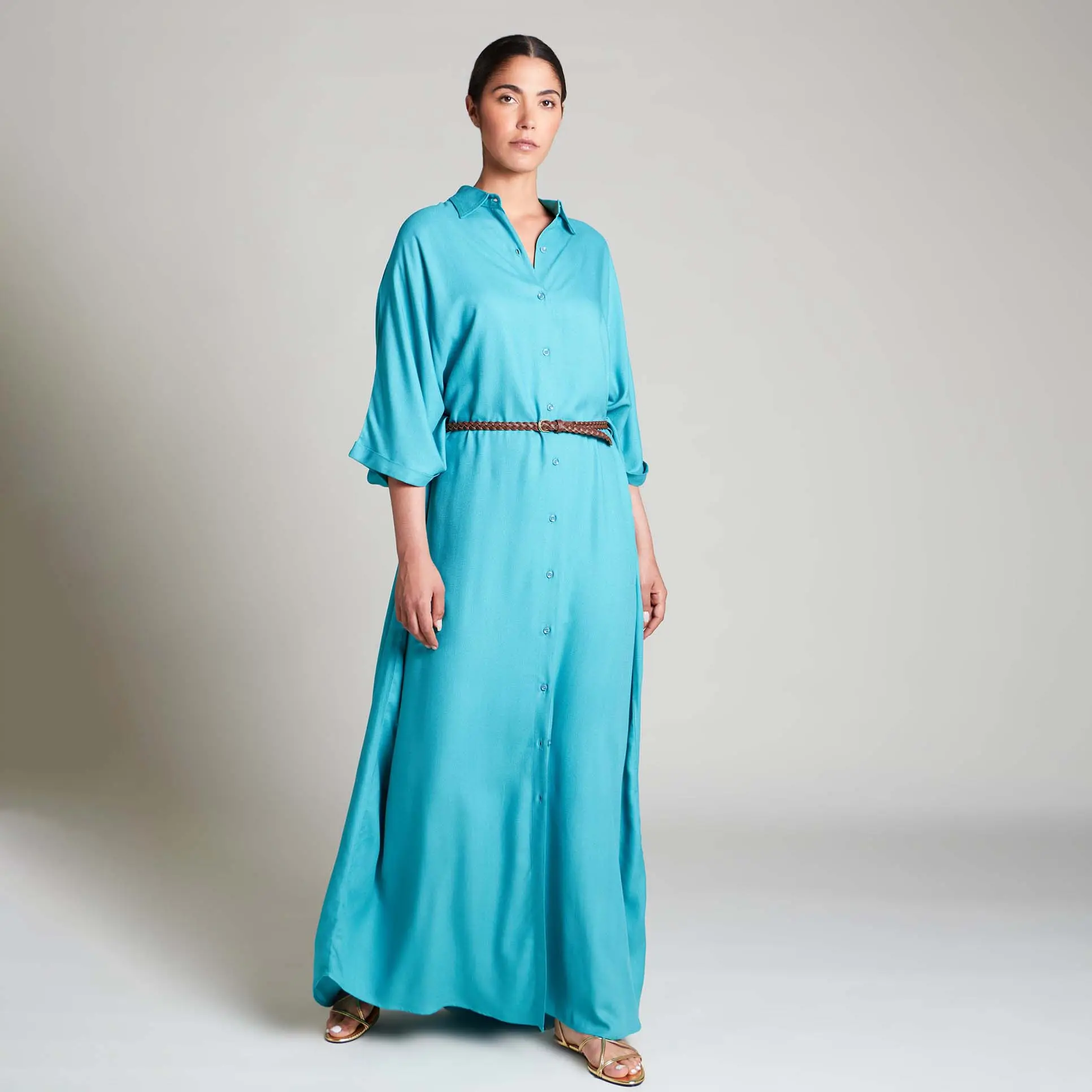 Aschulman 사용자 정의 이슬람 옷 블루 버튼 다운 롱 셔츠 드레스 플러스 사이즈 여성용 카프탄
