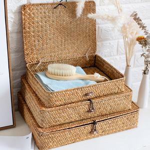 Cestas de estante de algas marinas naturales <span class=keywords><strong>con</strong></span> <span class=keywords><strong>tapa</strong></span> Juego de 3 contenedores de almacenamiento de algas marinas tejidas a mano Caja Organizador de <span class=keywords><strong>cesta</strong></span> rectangular para el hogar - Product Image 3