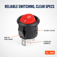Interrupteur à bascule rond de 16 mm SPST 3 broches marche/arrêt à clipser 3A 250V AC 6A 125V rouge certifié CE CQC pour alimentation des petits appareils électroménagers