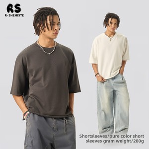 T-shirt en coton vintage pour homme, coupe ample à manches courtes, jersey uni avec bordure <span class=keywords><strong>Mao</strong></span>, respirant, idéal pour l'été - Product Image 2