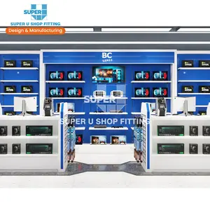 Custom White Wood Mobile Shop Decoration Cellphone Workstation Furniture Play Game Shop Design for Electronics Store