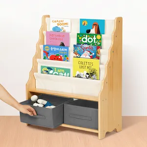 2024 Kids Wooden And Canvas Bookshelf With Cabinet Storage Montessori Bookcase Book Rack For Children