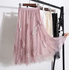 Chân Váy Lưới Xếp Ly Cho Nữ, Váy Maxi Thêu Lông Vũ Dài Chấm Bi Kiểu Hàn Quốc Dáng Ôm Dáng Chữ A Cỡ Lớn