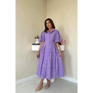 Vestido plisado lila con corte en A, mangas abullonadas, cuello vuelto, cintura natural, tela tejida transpirable, para uso diario informal. - Product Image 5