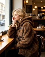 Manteau en fausse fourrure marron sur mesure avec capuche en laine, fermeture à boutons, poches passepoilées, coupe oversize, chaud, pour l'automne et l'hiver, style décontracté