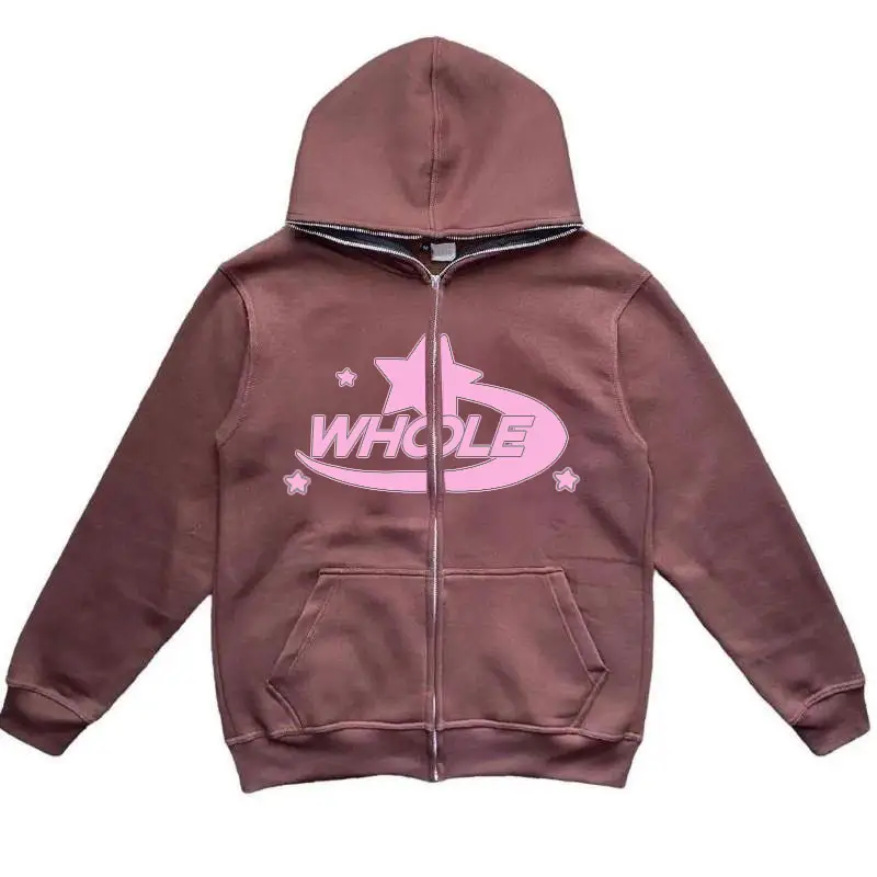 Fabrika kahverengi 400 500 Gsm Hoodie özel Unisex kırpılmış kazak erkekler ağır tam Zip puf baskılı kapüşonlu svetşört