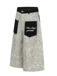 Leopard Print <b>Culotte</b> Jeans Wide Leg Denim Shorts Patchwork Pocket Casual Streetwear Trousers - Product Image 2