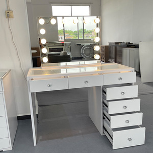 Tocador de Maquillaje con Tapa de Cristal, Espejo LED Iluminado y Enchufe Eléctrico, con Cajones, para Entrada/Hall - Product Image 6