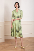 Robe midi respirante à imprimé numérique pour femmes, col tailleur, à pois, élégante, manches trois-quarts, pour tous les jours