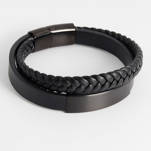 Wholesale Black Plated Hand-weaving Strand Stainless Steel Blank Bar Charm <b>Leather</b> <b>Bracelet</b> for Men - Product Image 4