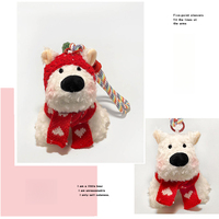 Porte-clés festif en peluche blanche avec écharpe à motif cœur et capuche tricotée rouge, adorable ornement de sac en forme de chiot pour Noël et la Saint-Valentin