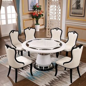 Ensemble <span class=keywords><strong>table</strong></span> et chaises de salle à manger 6 places, style européen moderne et épuré, en marbre naturel et bois massif, <span class=keywords><strong>plateau</strong></span> <span class=keywords><strong>tournant</strong></span> noir et blanc, <span class=keywords><strong>pour</strong></span> petits espaces - Product Image 3