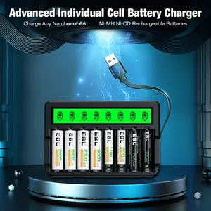 EBL 8 Bay LCD AA Battery Charger With Built-in Cable Battery Charger High-Speed Charging Independent Slot