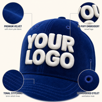 Casquette de baseball 5 panneaux en velours bleu roi personnalisée, broderie 3D en relief, structurée, ajustable, style streetwear, vente en gros, OEM, faible MOQ