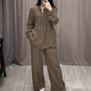 Fall Women's Comfortable Cotton-Linen Blend Long-Sleeve Top & Casual Drawstring Wide-Leg <b>Pants</b> 2-Piece Set Fashion - Product Image 1