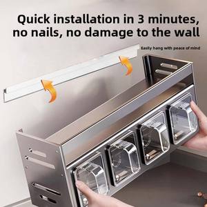 Estante de almacenamiento de cocina multifuncional sin taladro montado en la pared, juego de tarros de especias tipo vajilla de PP de Metal de doble nivel para uso doméstico - Product Image 5