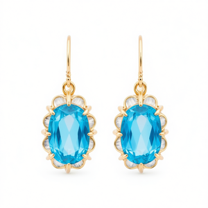 Orecchini Pendenti E2035 Blu Cielo con Taglio Ovale, Placcati in Oro con Design Floreale, Gioielli Classici da Donna per Feste - Product Image 1