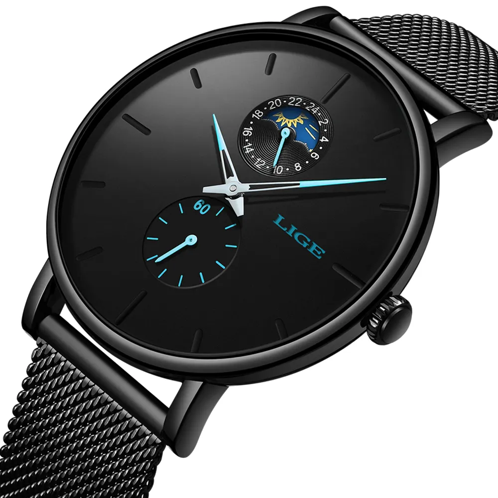 LIGE-reloj de cuarzo negro informal para hombre, resistente al agua, de acero inoxidable, ultrafino, de pulsera, 24 horas