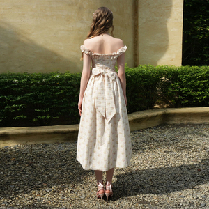 Vestido Midi Corsé Floral Estilo Cottage Core con Hombros Descubiertos, Espalda con Volantes y Lazo, Vestido de <span class=keywords><strong>Princesa</strong></span> Dulce Estilo Hada con Corte en A, Prenda Floral - Product Image 2